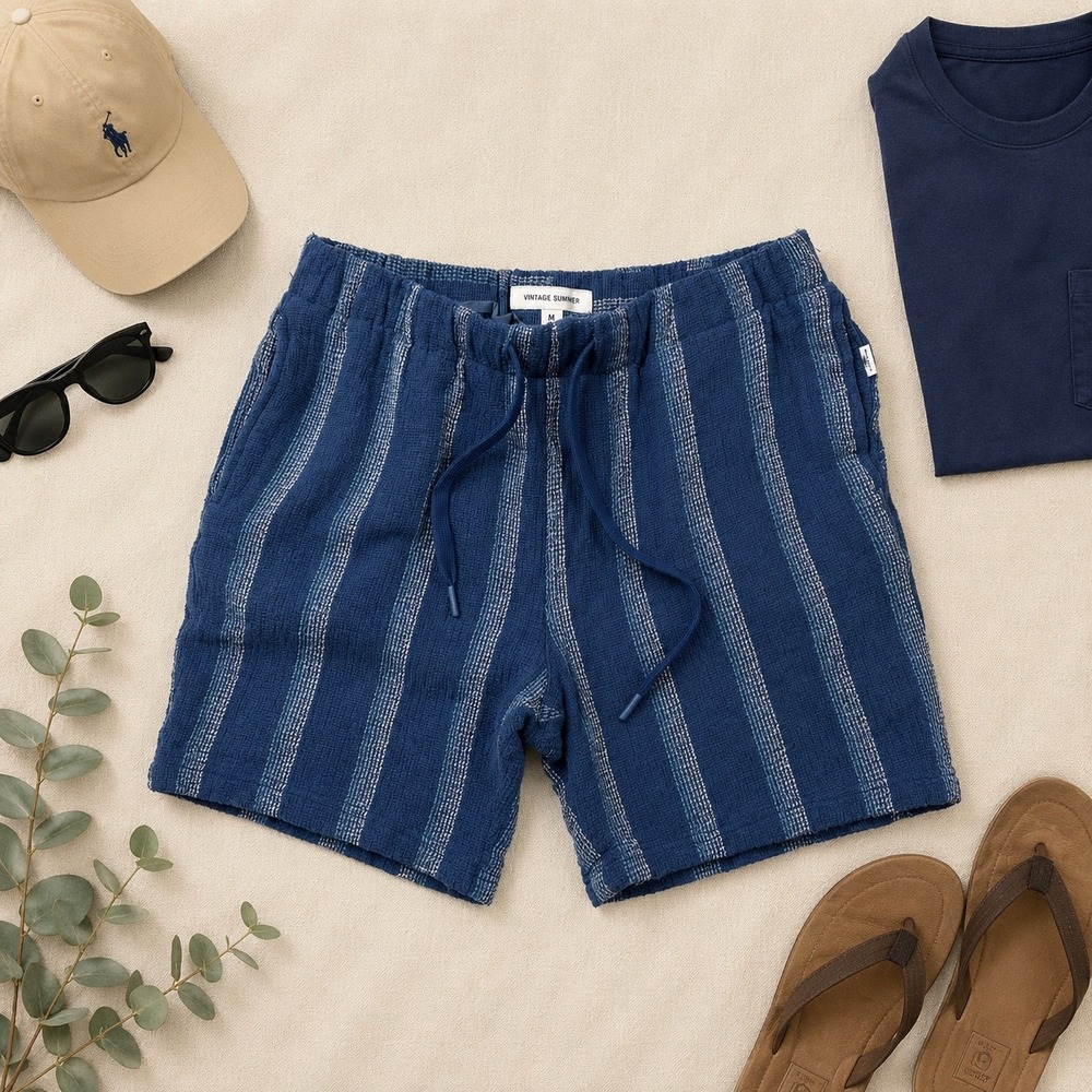 Vintage‎ Summer Mens Blue Striped Cotton Blend Drawstring Shorts Size M